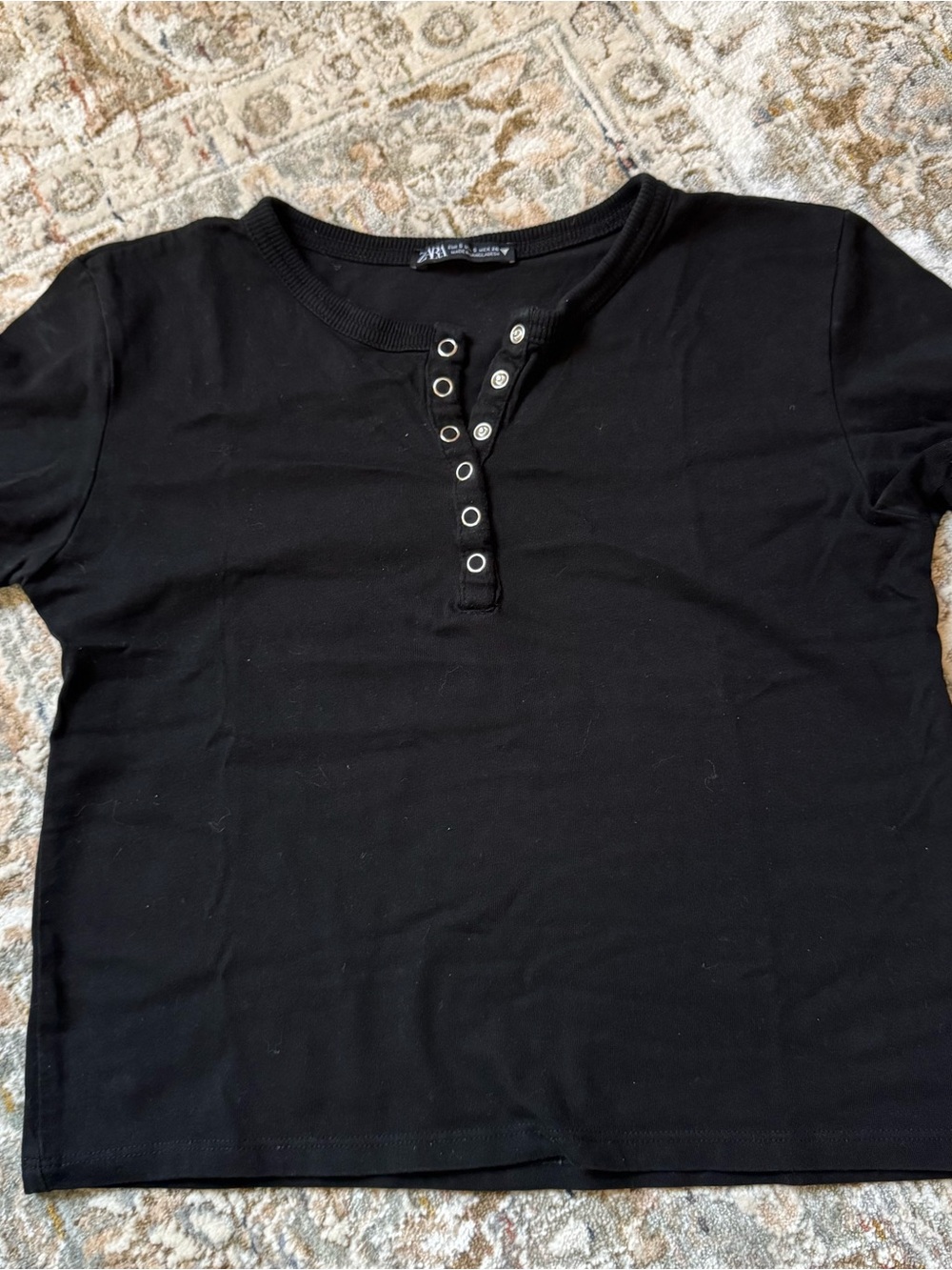 Zara Black Short Sleeve Snap-Placket Tee